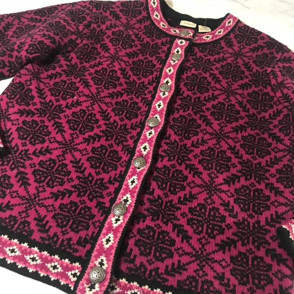 L.L. Bean Pink & Black Nordic Snowflake Sweater - Picture 2 of 7
